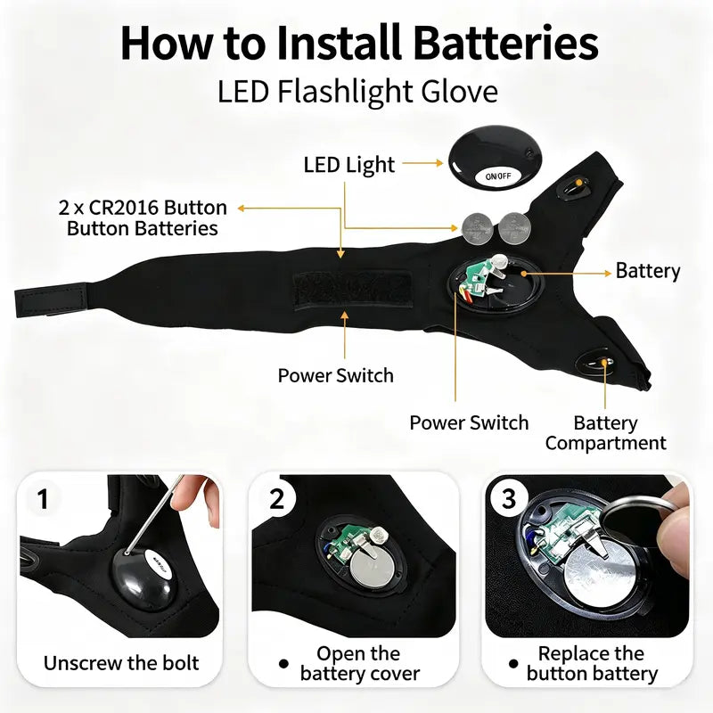 Adjustable Unisex Polyester LED Finger Flashlight Gloves - Flexible Fit for Hands-Free Illumination in Hiking, Fishing, and Outdoor Activities