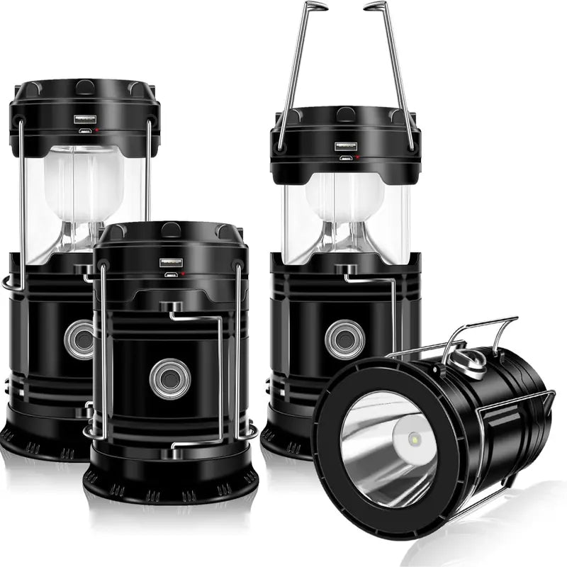 4-Pack Collapsible Portable LED Camping Lantern Lightweight Waterproof Solar USB Rechargeable Flashlight for Indoor/Outdoor Emergency Use