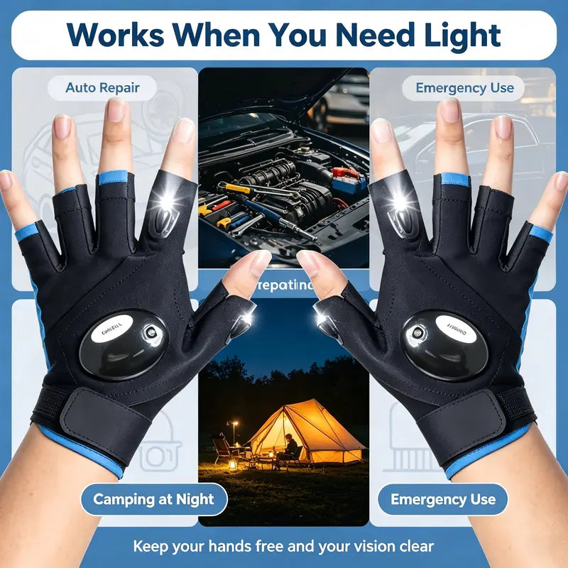 Adjustable Unisex Polyester LED Finger Flashlight Gloves - Flexible Fit for Hands-Free Illumination in Hiking, Fishing, and Outdoor Activities
