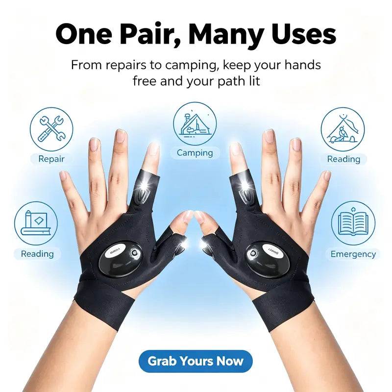 Adjustable Unisex Polyester LED Finger Flashlight Gloves - Flexible Fit for Hands-Free Illumination in Hiking, Fishing, and Outdoor Activities