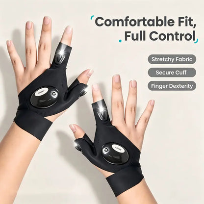 Adjustable Unisex Polyester LED Finger Flashlight Gloves - Flexible Fit for Hands-Free Illumination in Hiking, Fishing, and Outdoor Activities